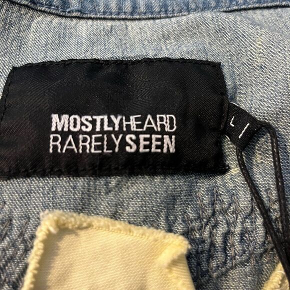 Mostly Heard Rarely Seen Grunge Long Sleeve Button down Shacket Denim Large - Picture 4 of 5